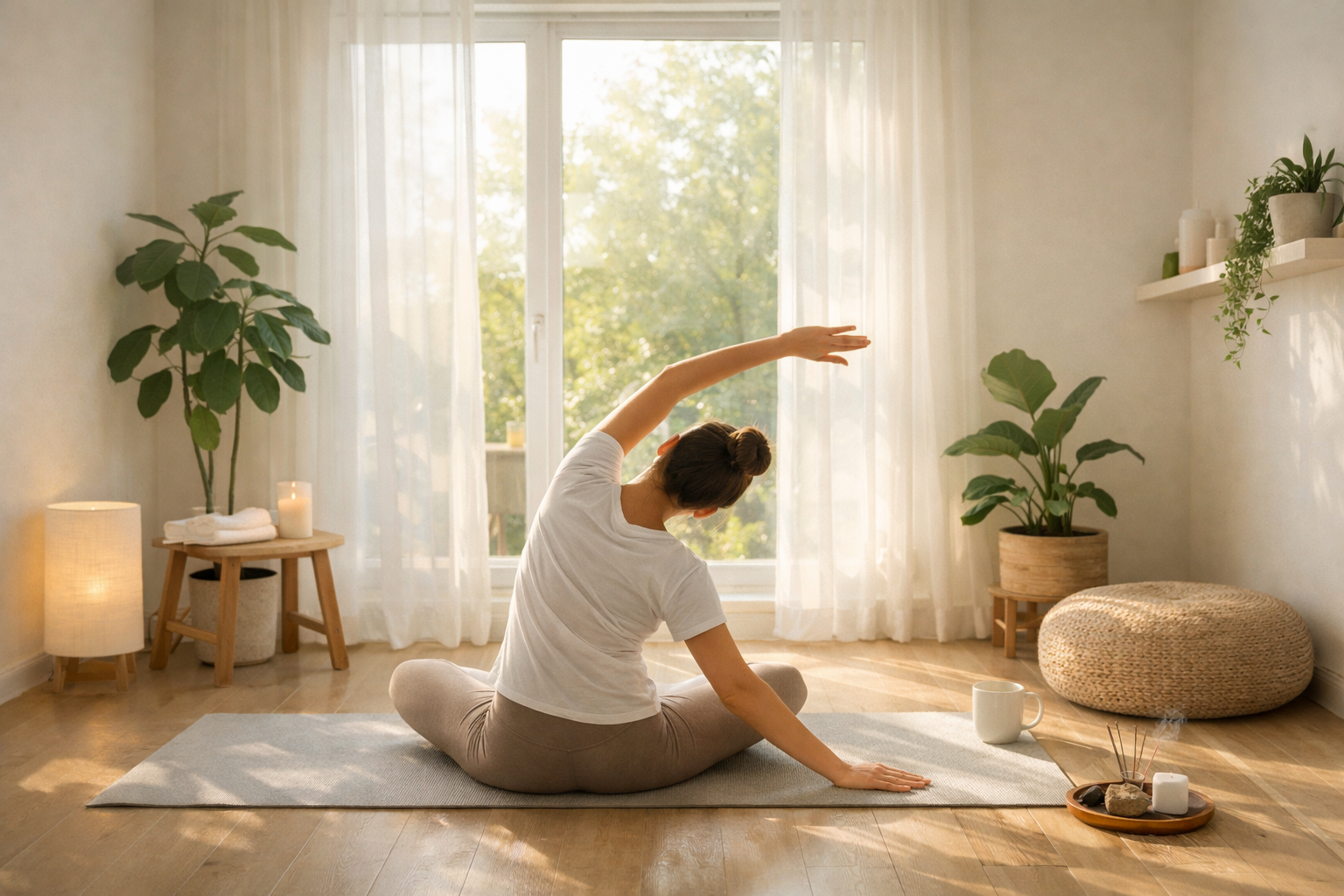 A peaceful morning scene with a person doing gentle stretches on a yoga mat near a bright window, soft natural light, indoor wellness environment, calming atmosphere, minimalist room with plants
