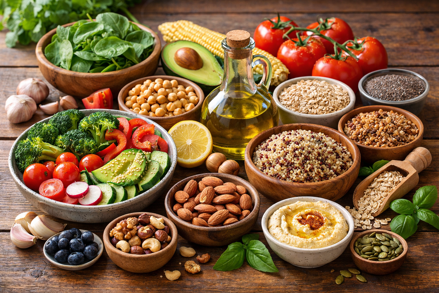 A colorful healthy food composition with fresh vegetables, nuts, olive oil, whole grains on a wooden table, natural daylight, vibrant colors, nourishing meal ingredients, clean eating concept